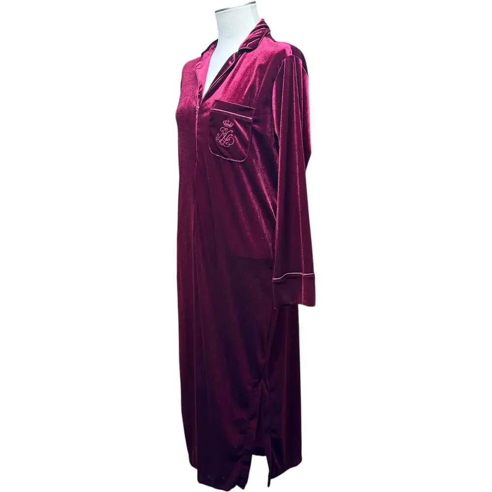Lauren Ralph Lauren Long Velour Robe Full Zip Burgundy Small